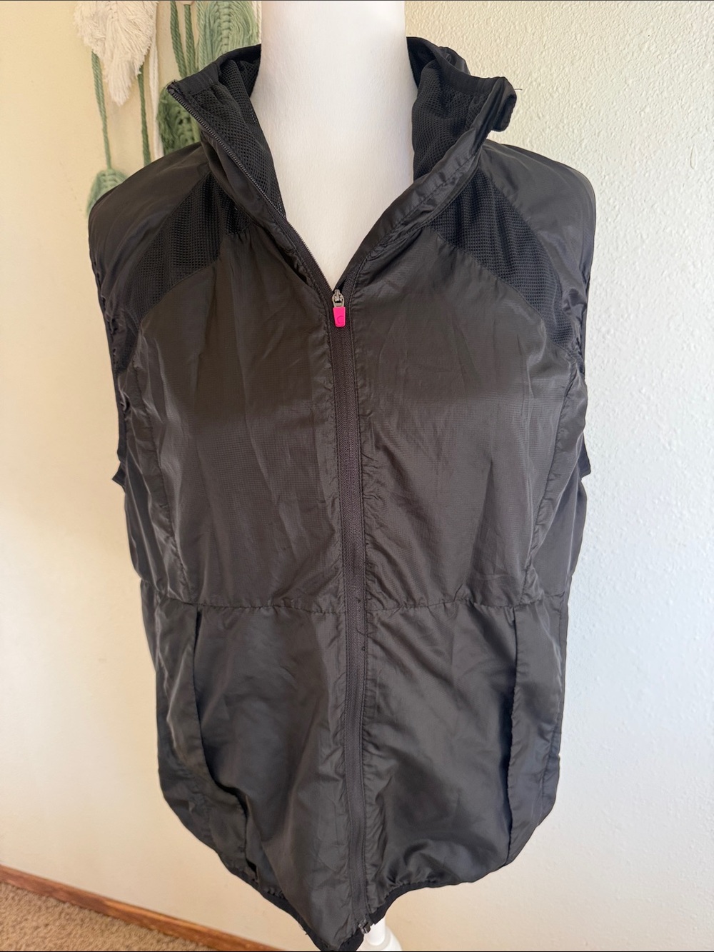 ZYIA Black Hooded Wind Vest with Pink Zipper Accent